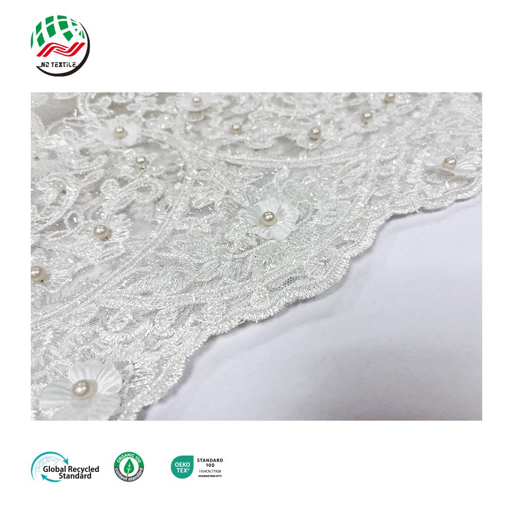 Wholesale White 3D Flower Tulle Beaded Mesh Embroidery Lace with Flowers Fabric for Dresses
