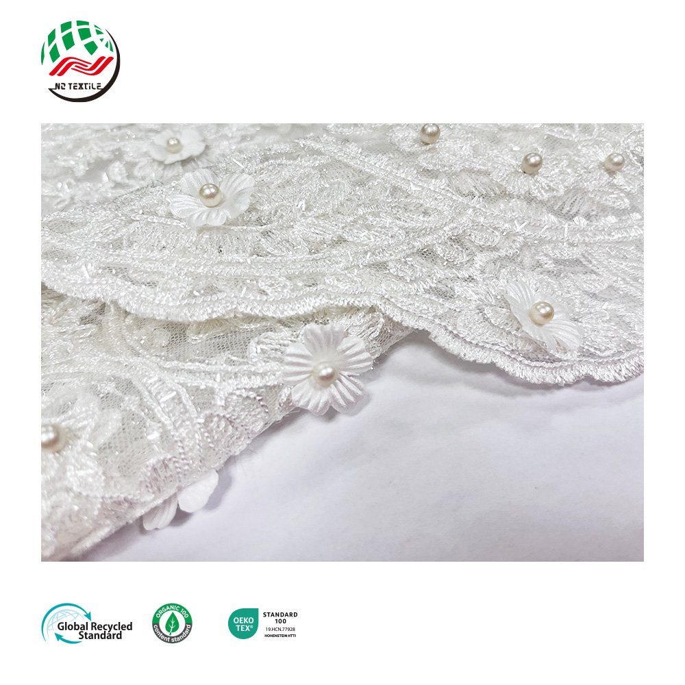 Wholesale White 3D Flower Tulle Beaded Mesh Embroidery Lace with Flowers Fabric for Dresses