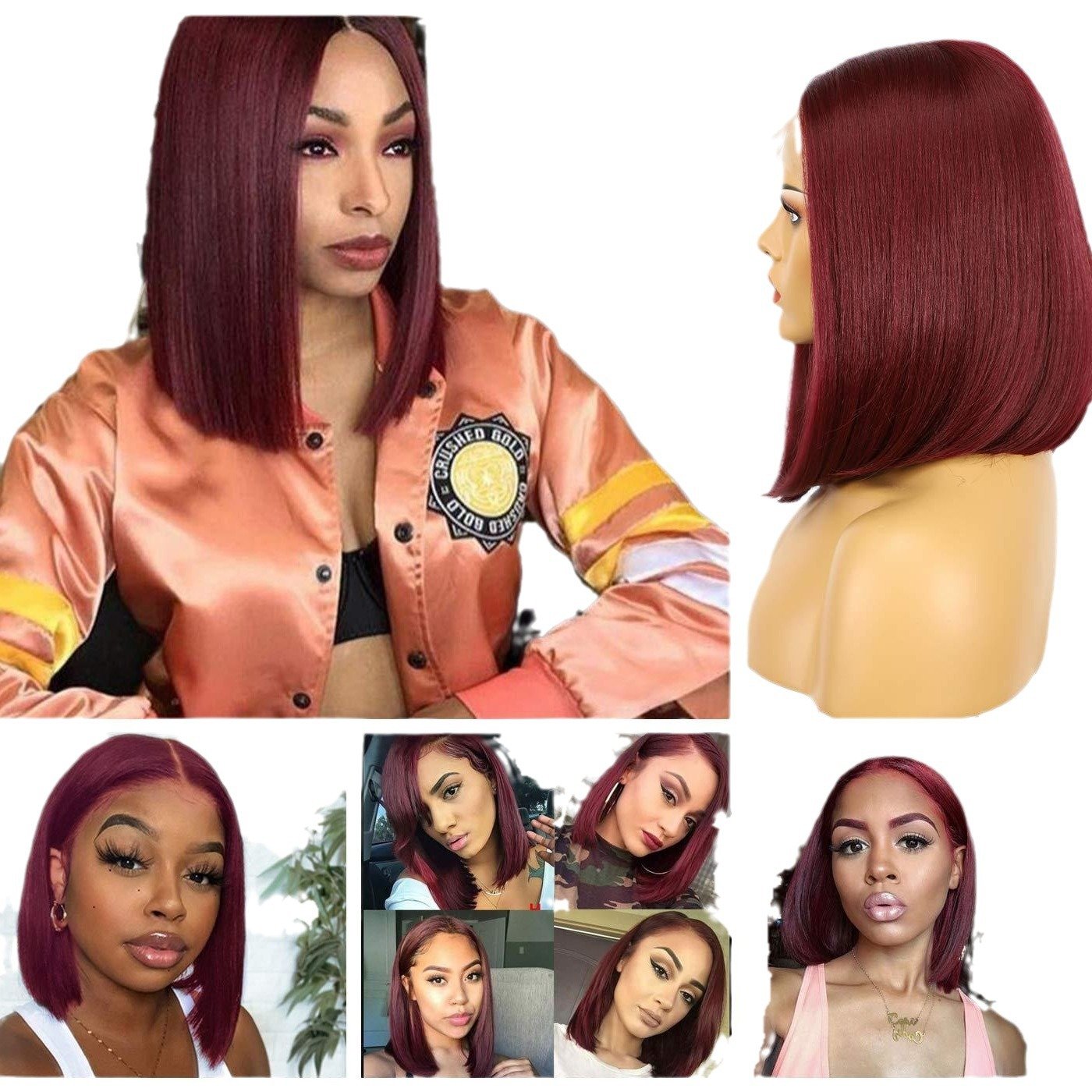 2024 Fashion Natural Hair Female Lace Wig Wine Red Short Hair Synthetic Lace Wigs for Women