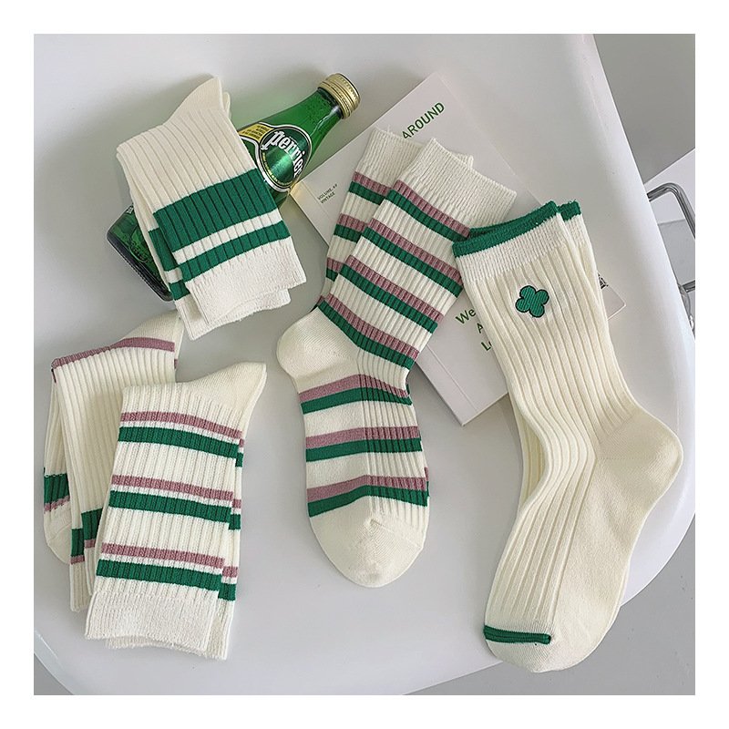 men women unisex gym work dress custom vintage embroidered long knit ribbed crew socks with basic black and white stripes cable