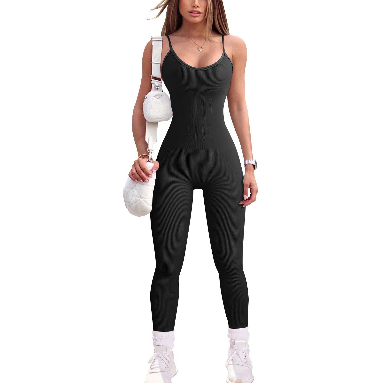 Wholesale of new women's backless sportswear knitted ribbed seamless fitness clothes yoga legging jumpsuit