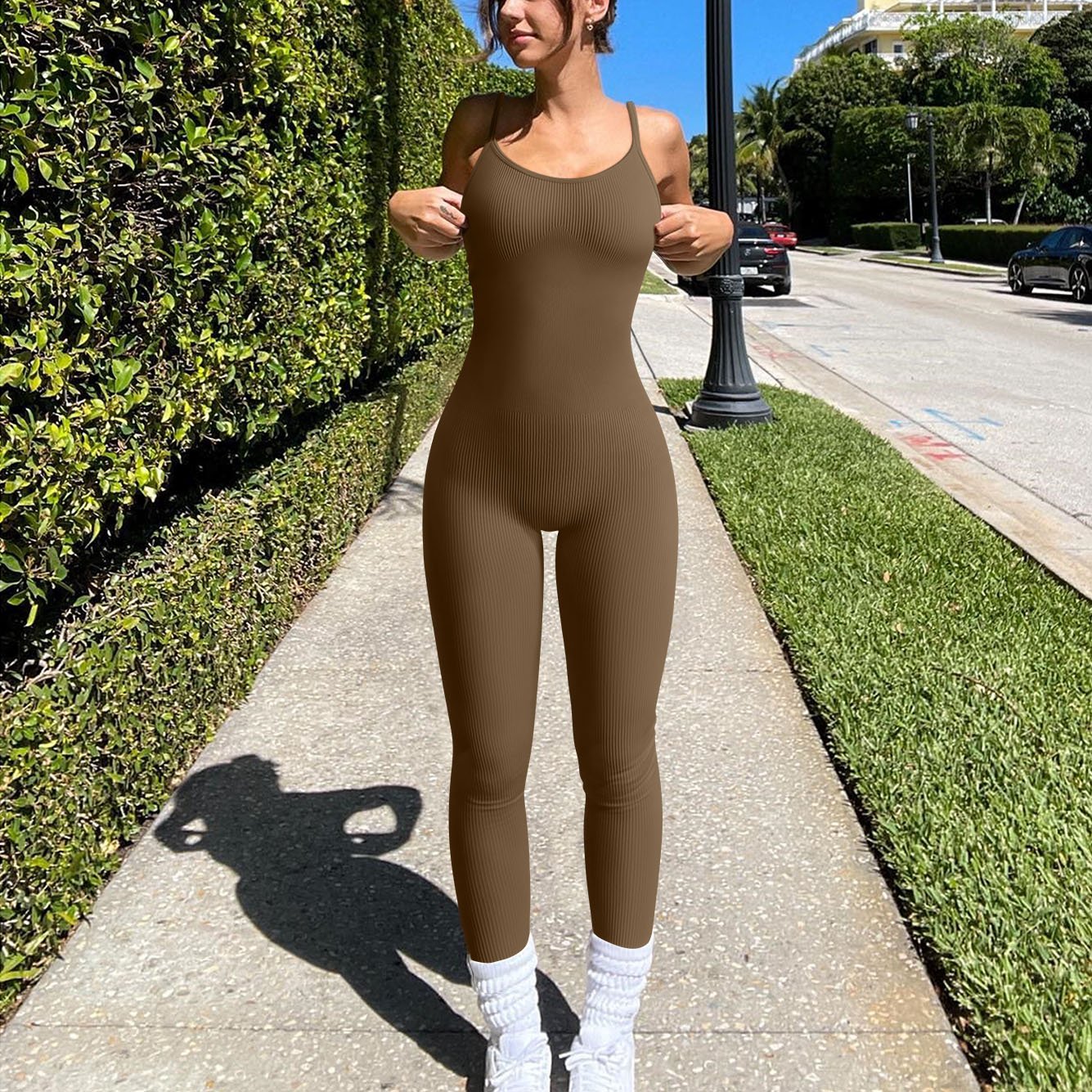 Wholesale of new women's backless sportswear knitted ribbed seamless fitness clothes yoga legging jumpsuit