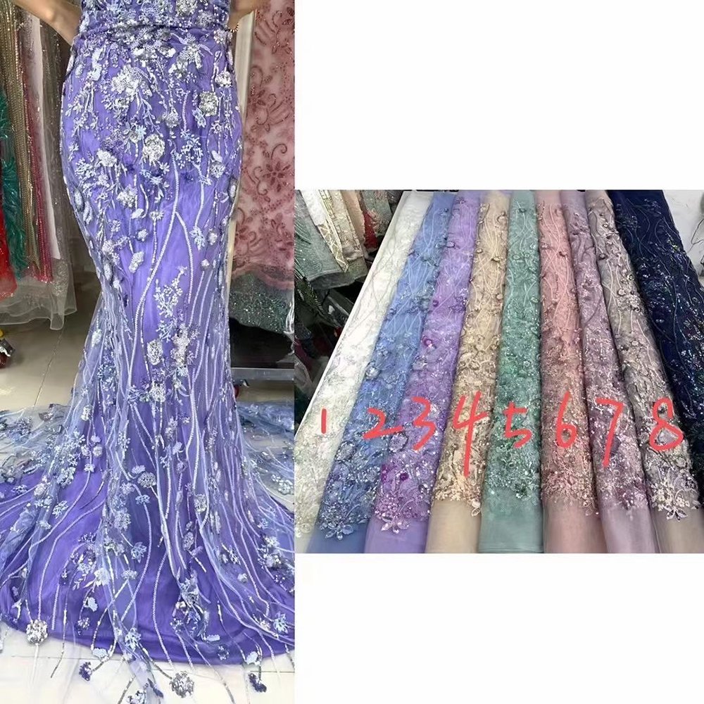African Stones Beaded Laces Sequins Mesh 3D Embroidery Tulle Lace Fabrics For Party Wedding Dress
