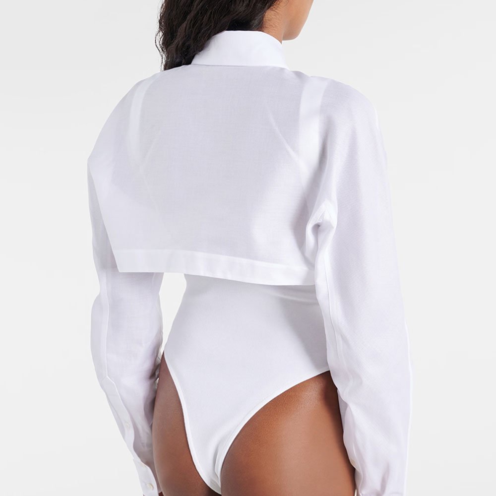 Luxury brand women's clothing White cotton-jersey and pique thong Button-Down Bodysuit Layered ribbed Puff Sleeve shirt bodysuit