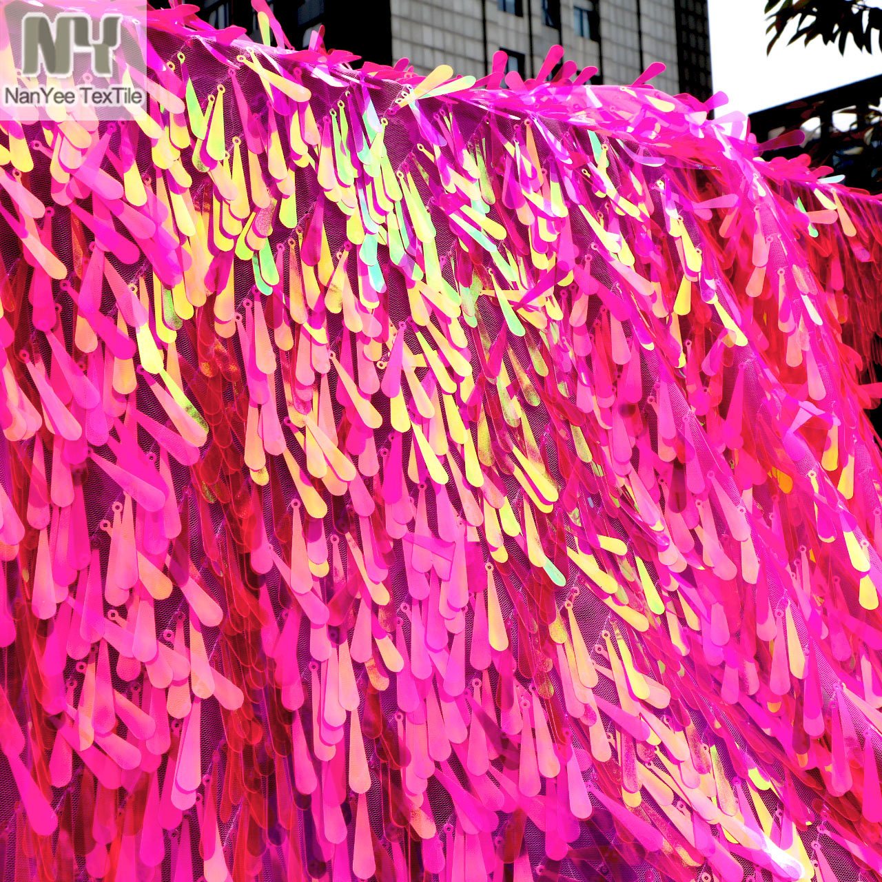 Nanyee Textile Special Embroidery Fluorescent Fuchia Tapered Shape Sequin Fabrics
