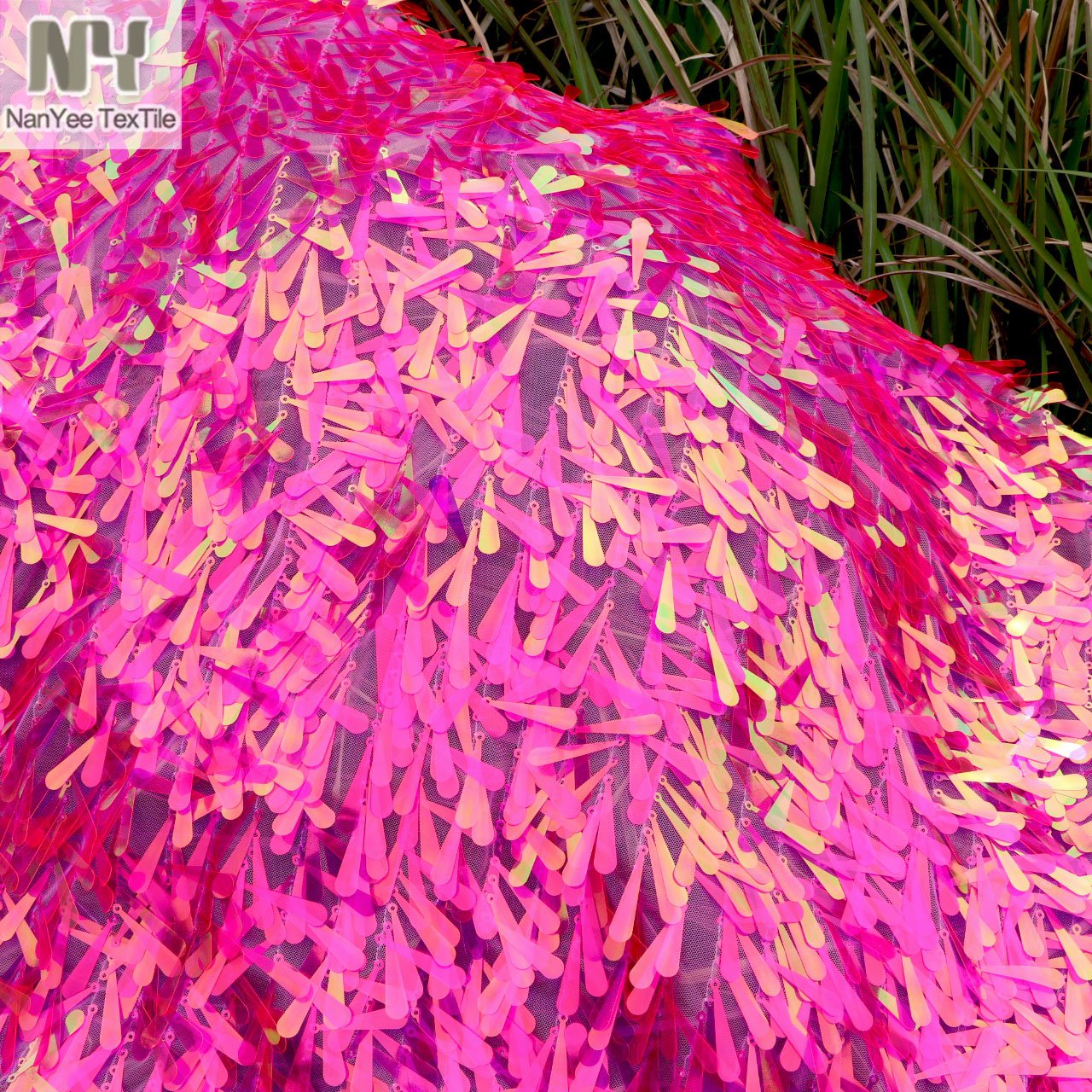 Nanyee Textile Special Embroidery Fluorescent Fuchia Tapered Shape Sequin Fabrics