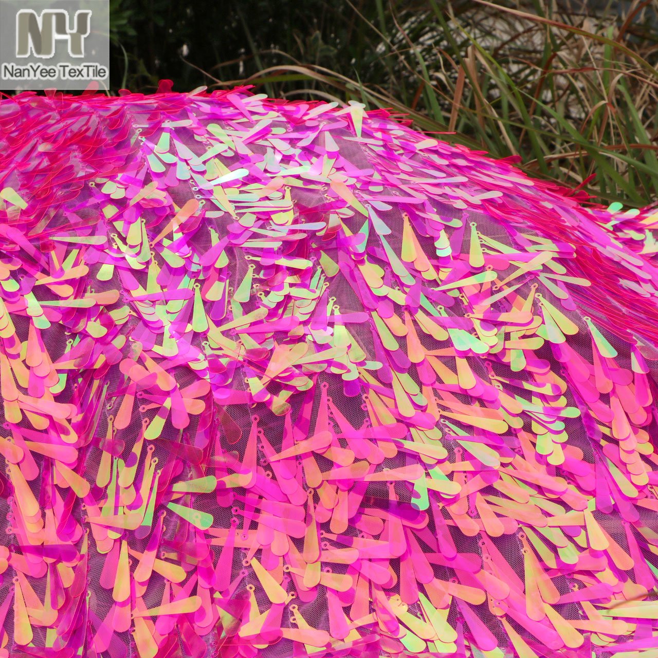 Nanyee Textile Special Embroidery Fluorescent Fuchia Tapered Shape Sequin Fabrics