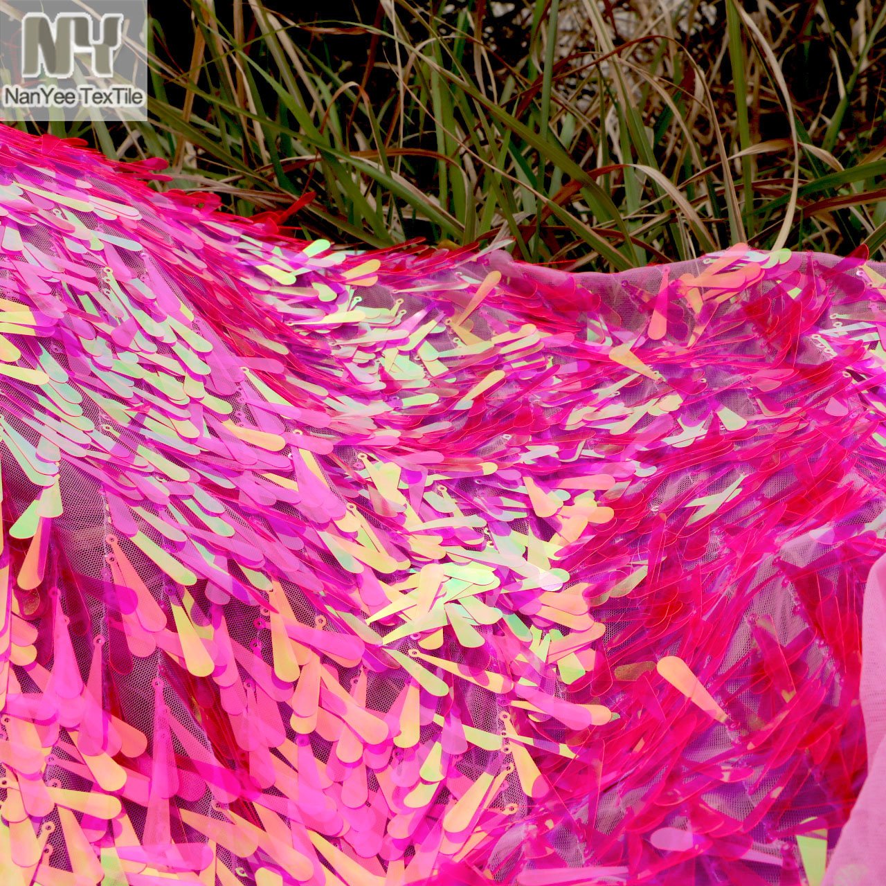 Nanyee Textile Special Embroidery Fluorescent Fuchia Tapered Shape Sequin Fabrics