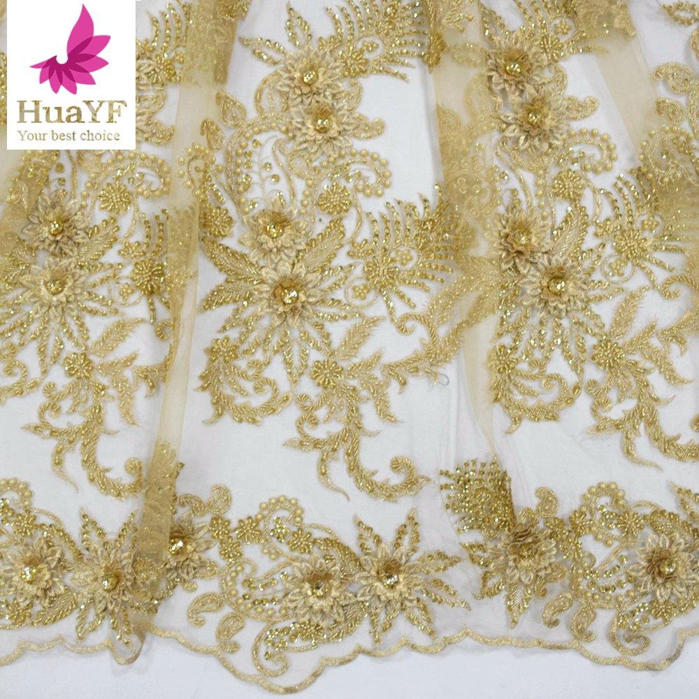2021 Latest luxury golden African 3d floral lace with crystal handmade beaded classy lace fabric for wedding party HY1709