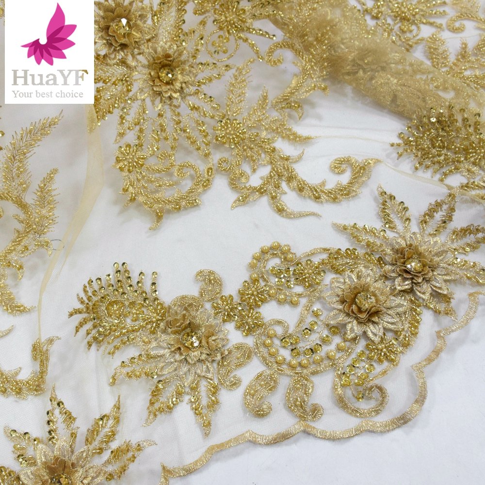 2021 Latest luxury golden African 3d floral lace with crystal handmade beaded classy lace fabric for wedding party HY1709