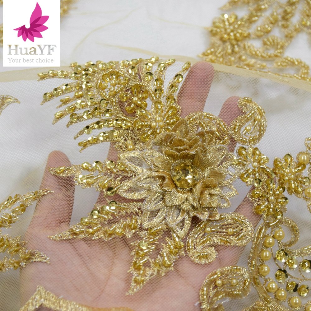 2021 Latest luxury golden African 3d floral lace with crystal handmade beaded classy lace fabric for wedding party HY1709