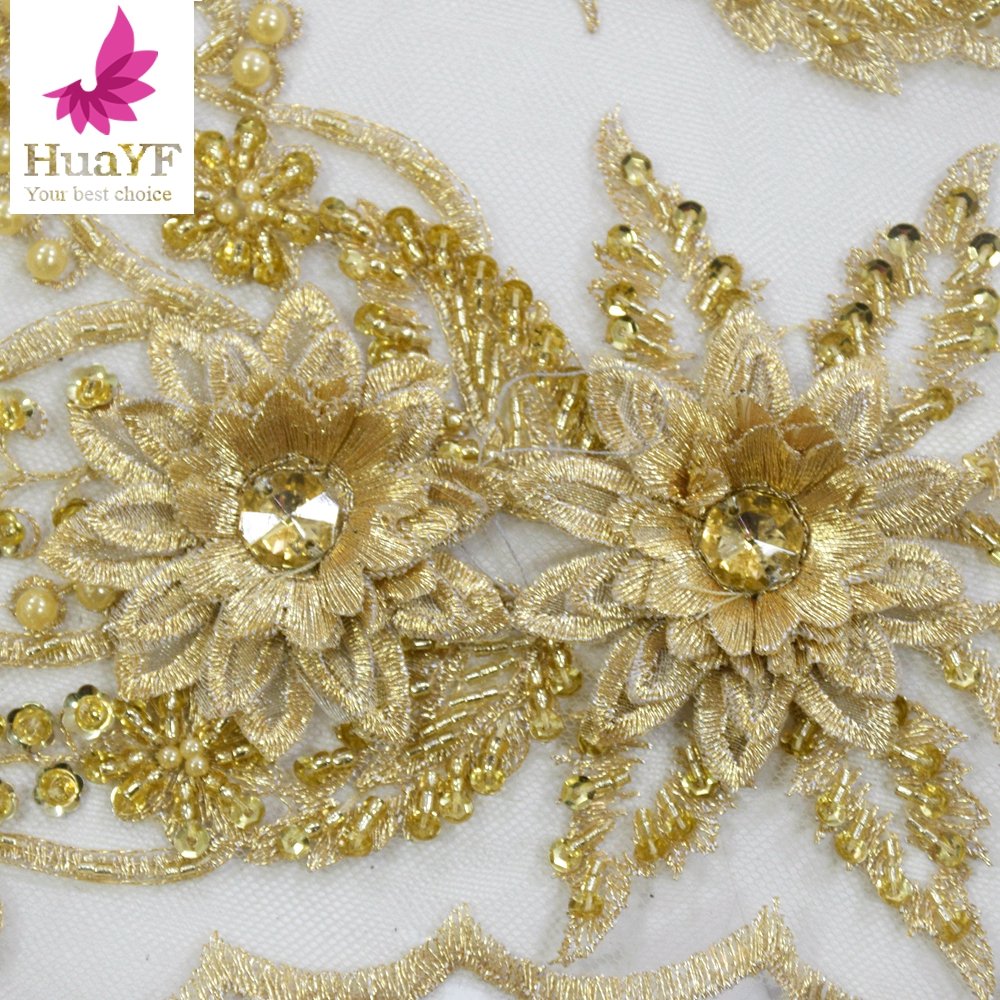 2021 Latest luxury golden African 3d floral lace with crystal handmade beaded classy lace fabric for wedding party HY1709