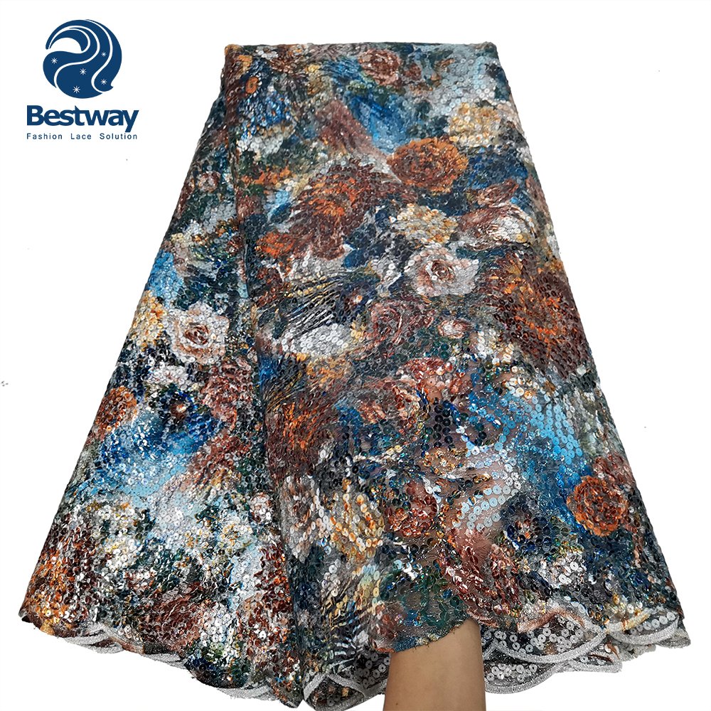 Bestway African Bridal Colorful Rose Sequins Embroidery French Tulle Lace Fabric