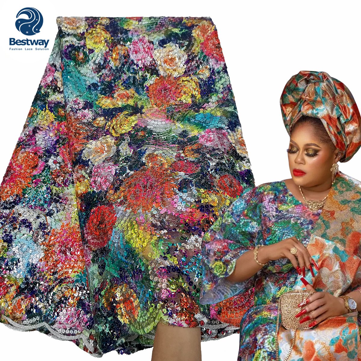 Bestway African Bridal Colorful Rose Sequins Embroidery French Tulle Lace Fabric