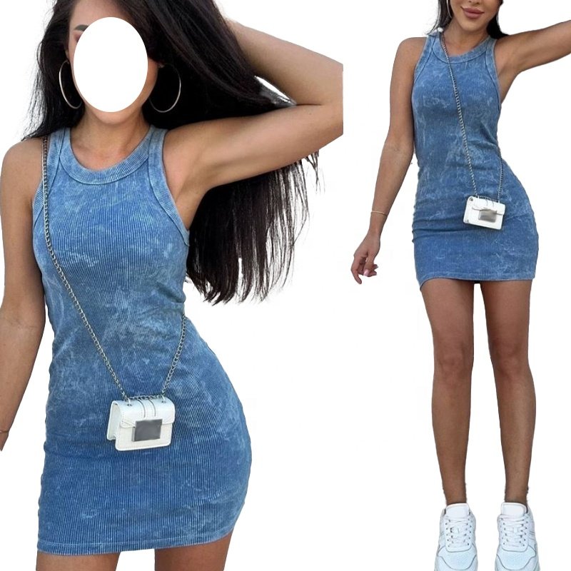 KY Summer Sexy Mineral Acid Wash Mini Ribbed Strap Empire Sweet Hip Hop Comfortable Breathable OEM dress