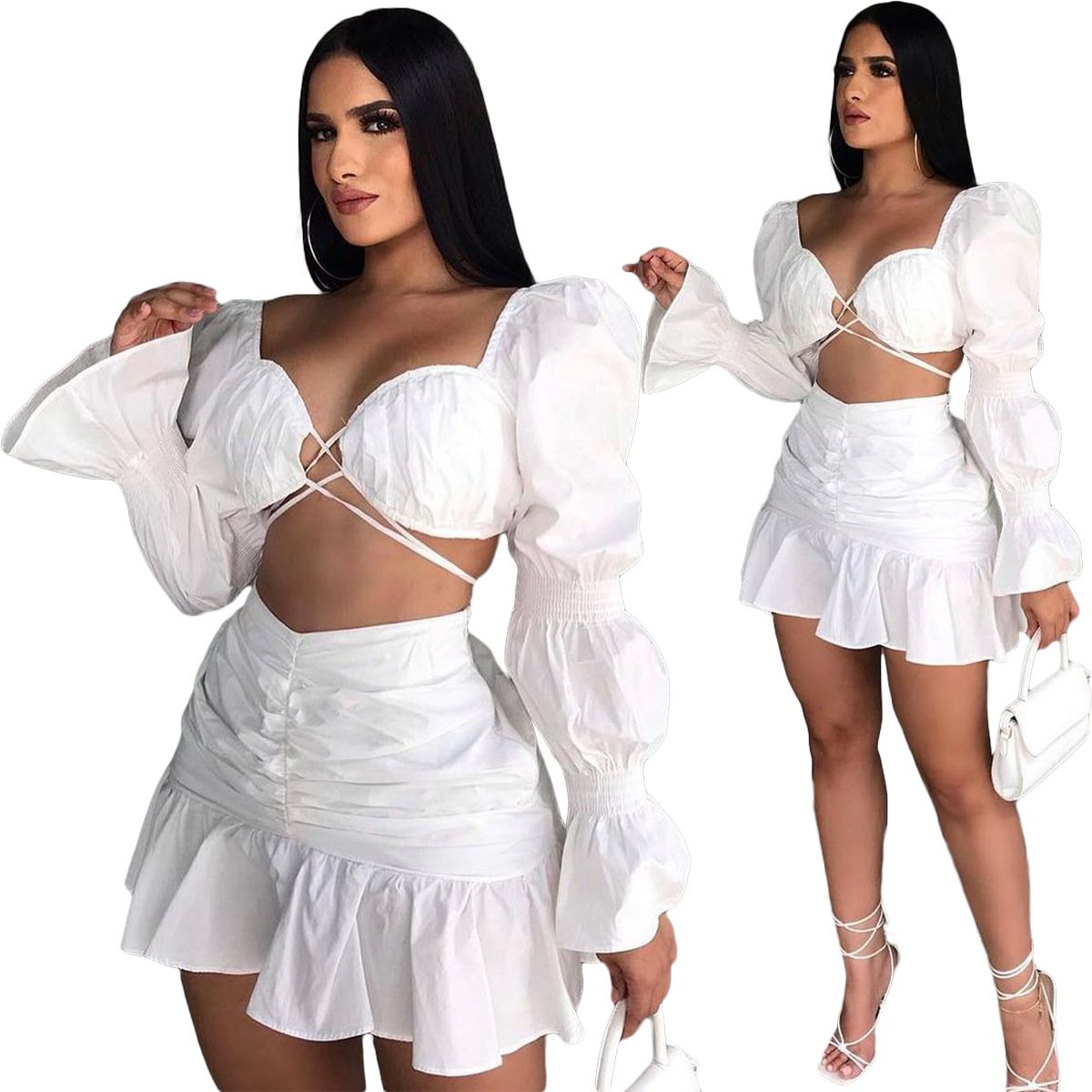 Dropshipping 2021 Wholesale cheap Fall Women's Clothing Pleated Skirt Two-piece Suit Lantern Sleeve skirt two piece set
