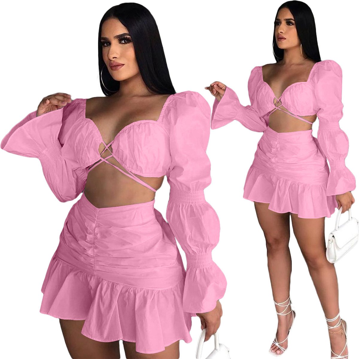 Dropshipping 2021 Wholesale cheap Fall Women's Clothing Pleated Skirt Two-piece Suit Lantern Sleeve skirt two piece set