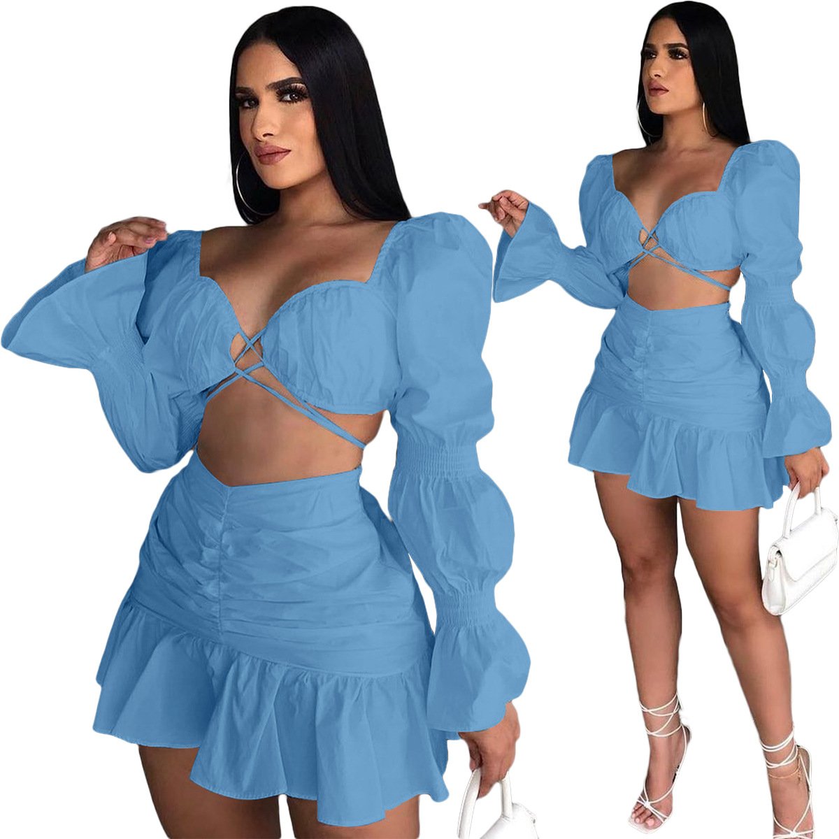 Dropshipping 2021 Wholesale cheap Fall Women's Clothing Pleated Skirt Two-piece Suit Lantern Sleeve skirt two piece set