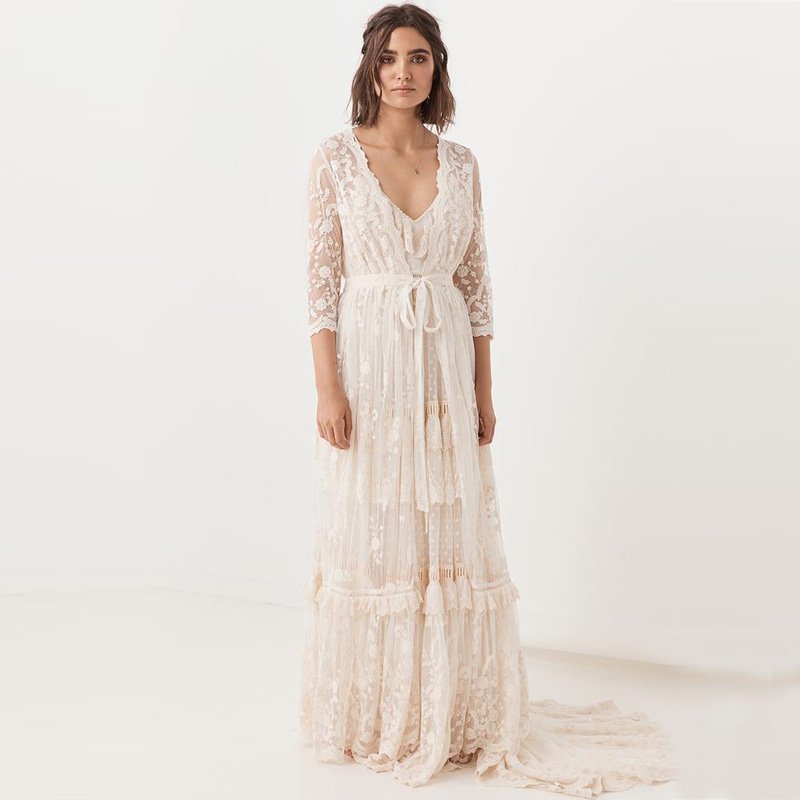 Ladies Vintage Spring V-Neck Casual Long Sleeve Lace White Women Maxi Mesh Dresses
