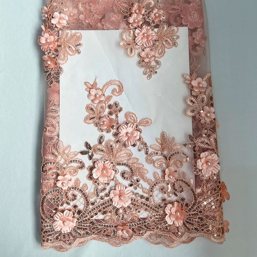 Wholesale 2023 new design heavy lace pearl beaded embroidery fabric 3d floral fabric indian sequin embroidery mesh fabric