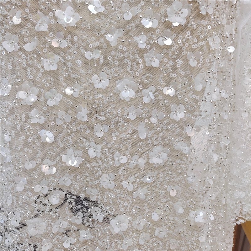 New Heavy Industry Flower Studded Pearl Sequins Wedding Dress Curtain Clothing Fabric Embroidery Lace Fresh Headdress