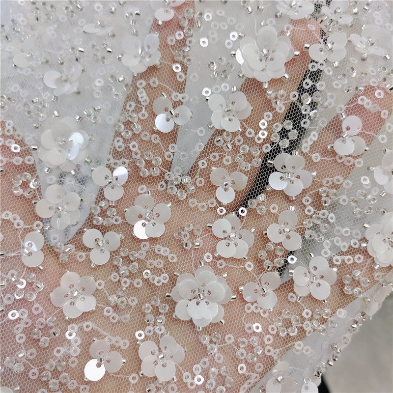 New Heavy Industry Flower Studded Pearl Sequins Wedding Dress Curtain Clothing Fabric Embroidery Lace Fresh Headdress