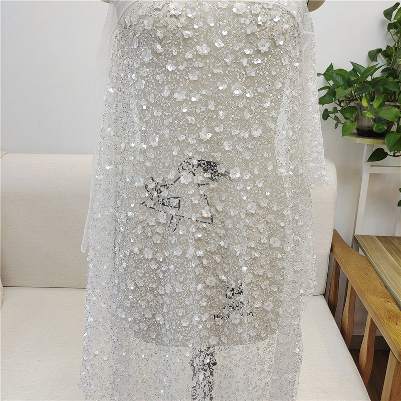 New Heavy Industry Flower Studded Pearl Sequins Wedding Dress Curtain Clothing Fabric Embroidery Lace Fresh Headdress