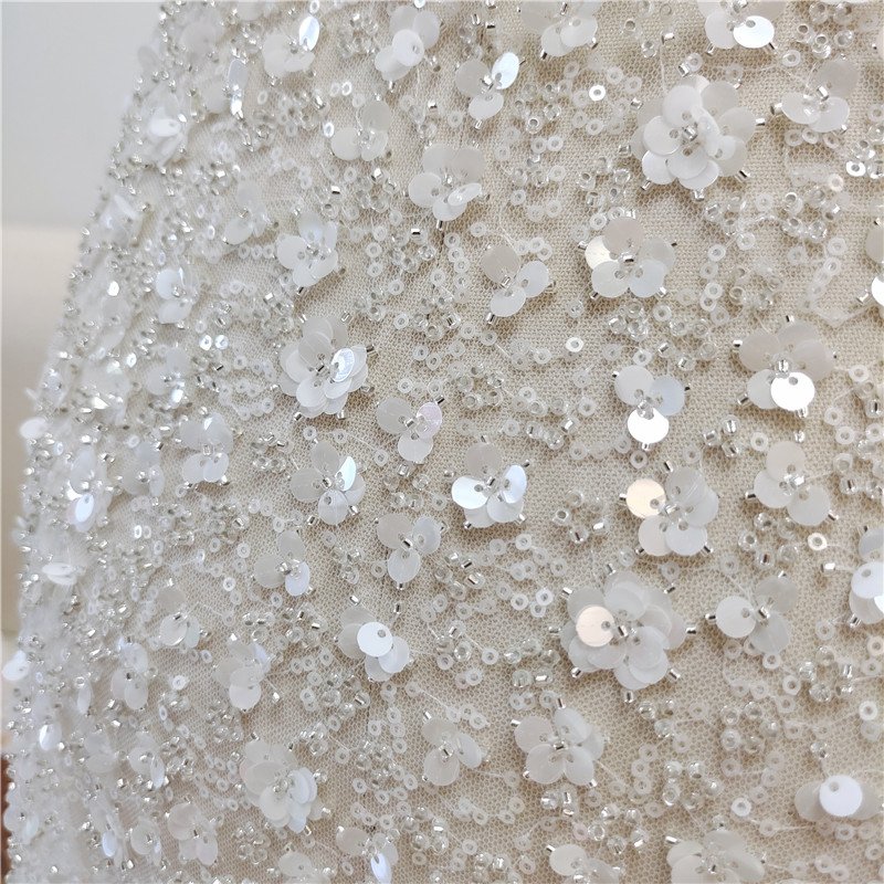 New Heavy Industry Flower Studded Pearl Sequins Wedding Dress Curtain Clothing Fabric Embroidery Lace Fresh Headdress