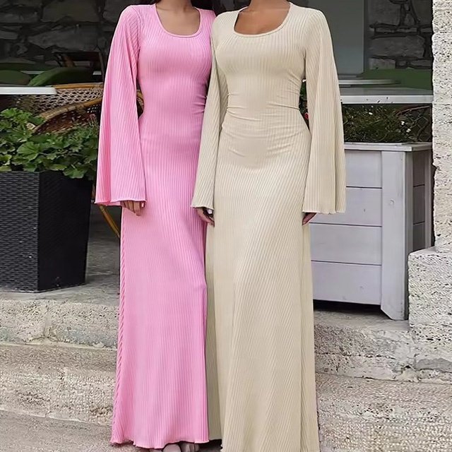 2024 Spring Solid Long Sleeve Flare Sleeve Square Neck Maxi Casual Dress Fashion knitted Loose Long Dress
