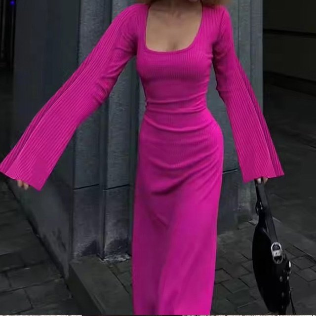 2024 Spring Solid Long Sleeve Flare Sleeve Square Neck Maxi Casual Dress Fashion knitted Loose Long Dress
