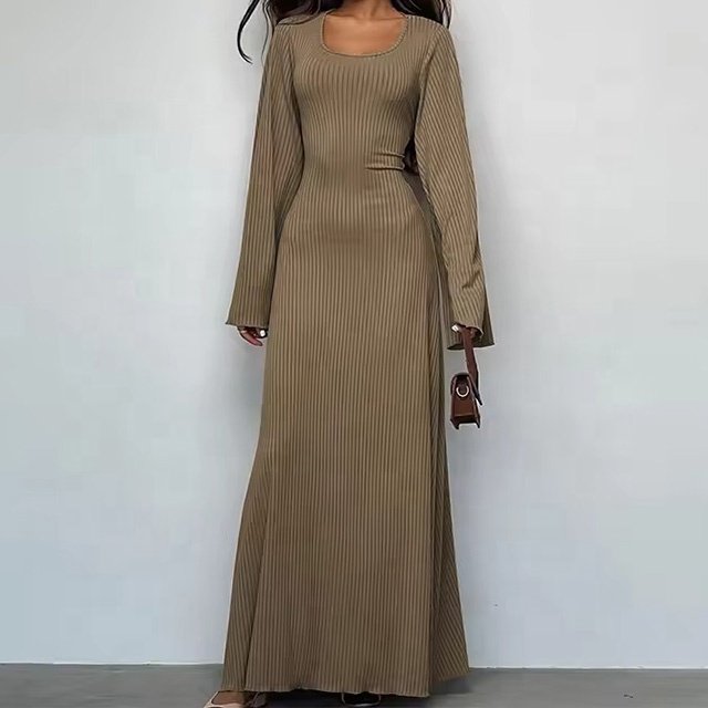 2024 Spring Solid Long Sleeve Flare Sleeve Square Neck Maxi Casual Dress Fashion knitted Loose Long Dress