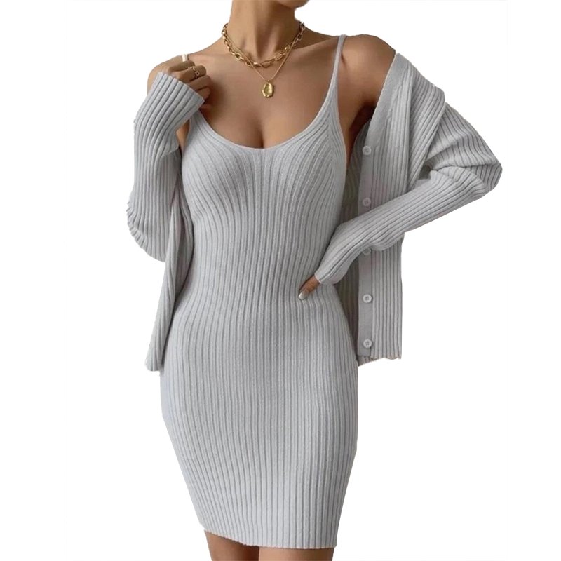 Knitting Ribbed Cardigan Knee-Length Pencil Two Pieces Women'S Dresses Sexy