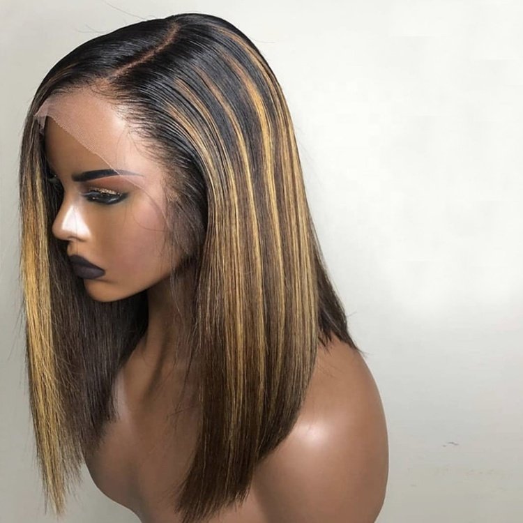 Brown Blonde Highlighted Color Human Hair Wig Long Deep Side Parting 13x6 Lace Front Bob Wigs with Baby Hair