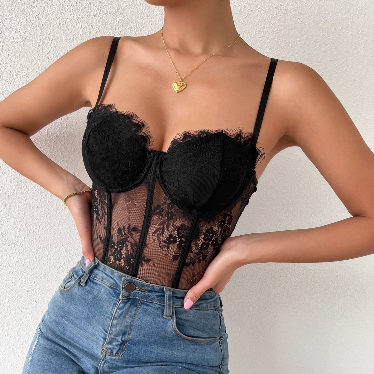 New European and American Spice girls sexy lace see-through fishbone eyelash slimming vest
