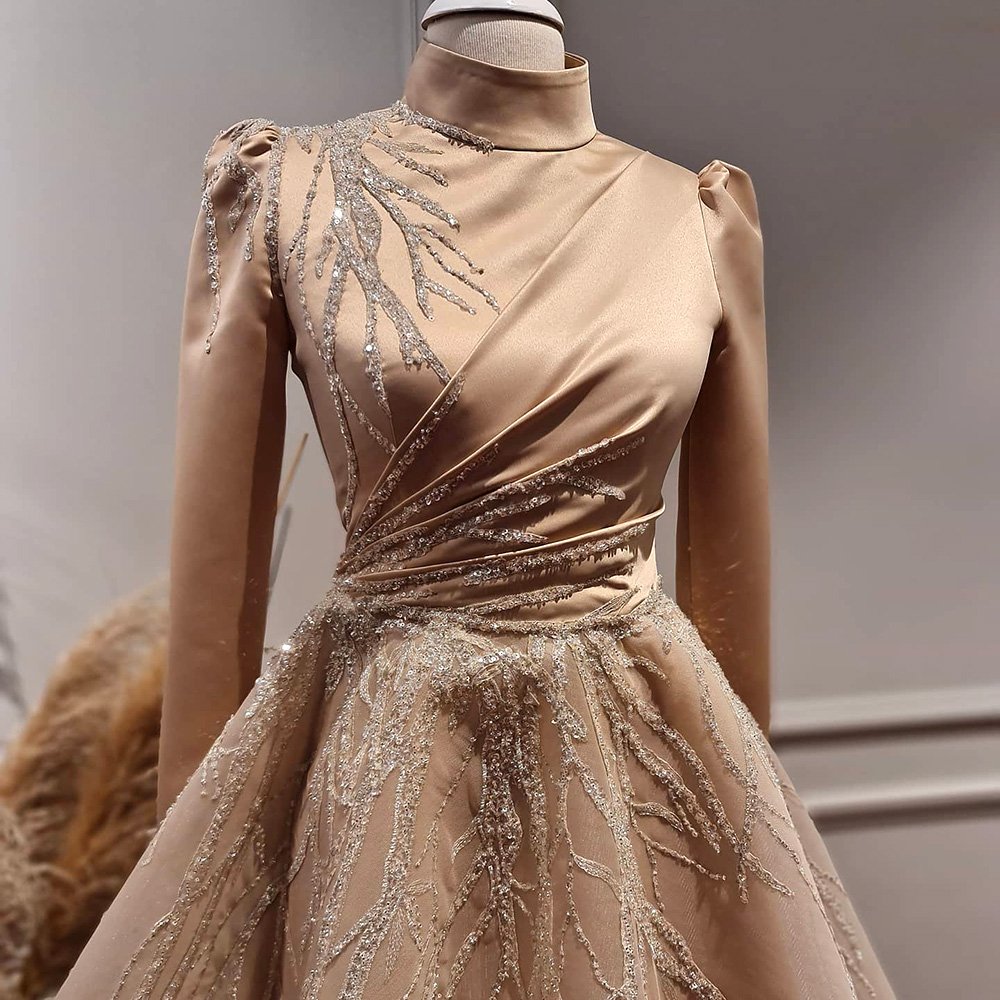 Scz033-2 Luxury Dubai Champagne Muslim Evening Dresses For Women Wedding Party Ankle Length Arabic Midi Formal Gowns