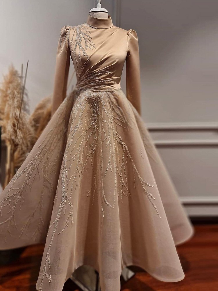 Scz033-2 Luxury Dubai Champagne Muslim Evening Dresses For Women Wedding Party Ankle Length Arabic Midi Formal Gowns