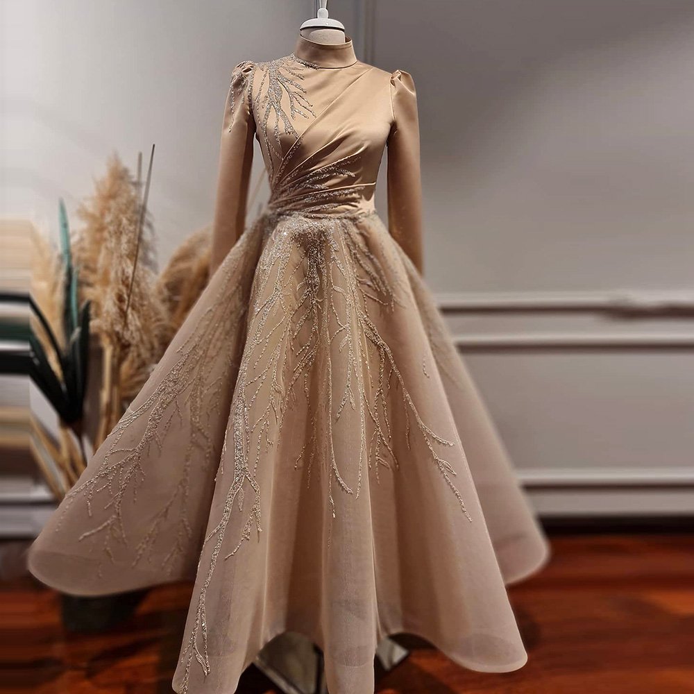 Scz033-2 Luxury Dubai Champagne Muslim Evening Dresses For Women Wedding Party Ankle Length Arabic Midi Formal Gowns