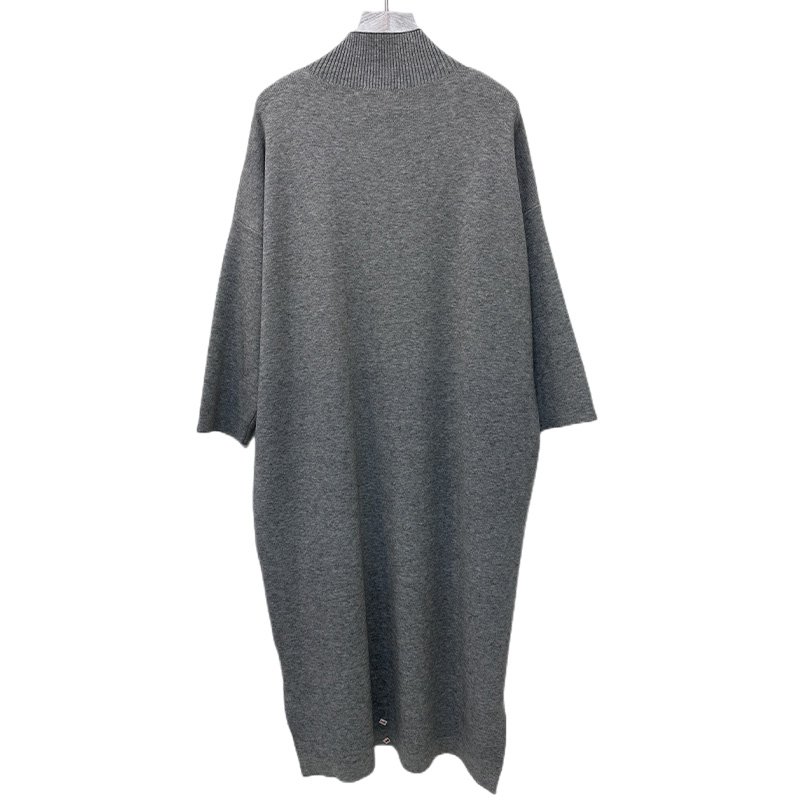 OEM/ODM Spring Autumn Casual Solid Grey Long Sleeve Round Neck Minimalism Standard Knitted Sweater Dress for Women
