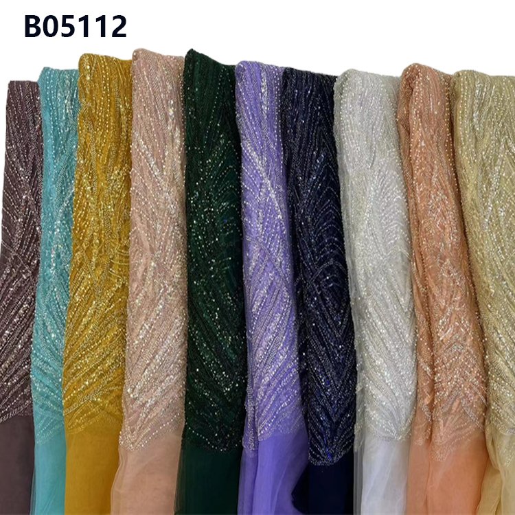 CHOCOO Wholesale Sequins Beads Lace Fabric Tulle Embroidery Orange Beaded Lace Fabric for Dress