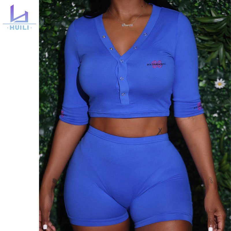 Huili Manufacturer Custom High Quality 3 Piece Ribbed Bodysuits Blue High Stretch Shorts Legging Fitness Lounge Wear Sets Women