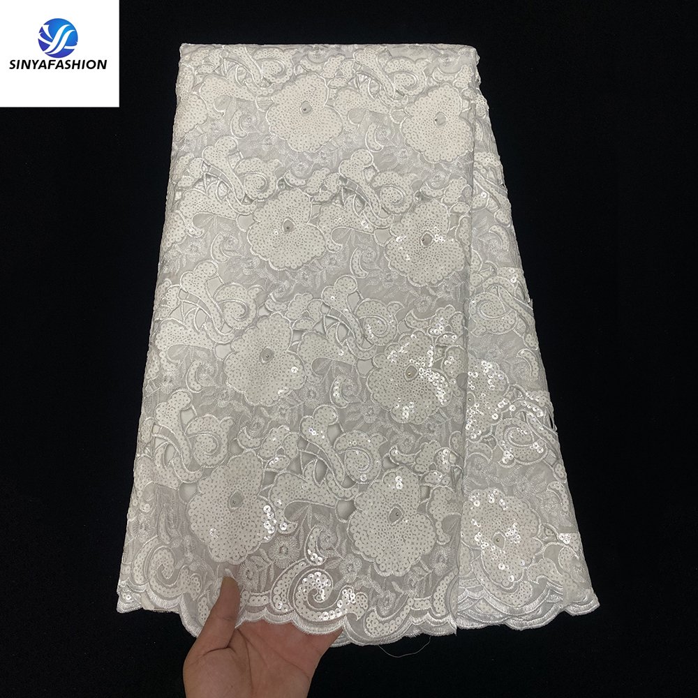Sinya Wholesale African Organza Lace 5 Yards High Quality Luxury White Sequins Bridal Lace Fabric For Wedding Dress