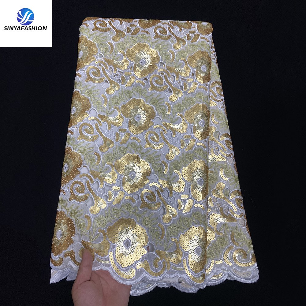 Sinya Wholesale African Organza Lace 5 Yards High Quality Luxury White Sequins Bridal Lace Fabric For Wedding Dress