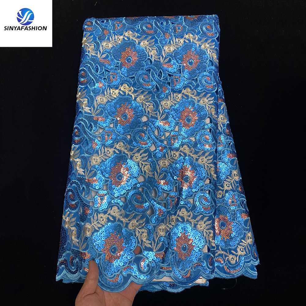 Sinya Wholesale African Organza Lace 5 Yards High Quality Luxury White Sequins Bridal Lace Fabric For Wedding Dress