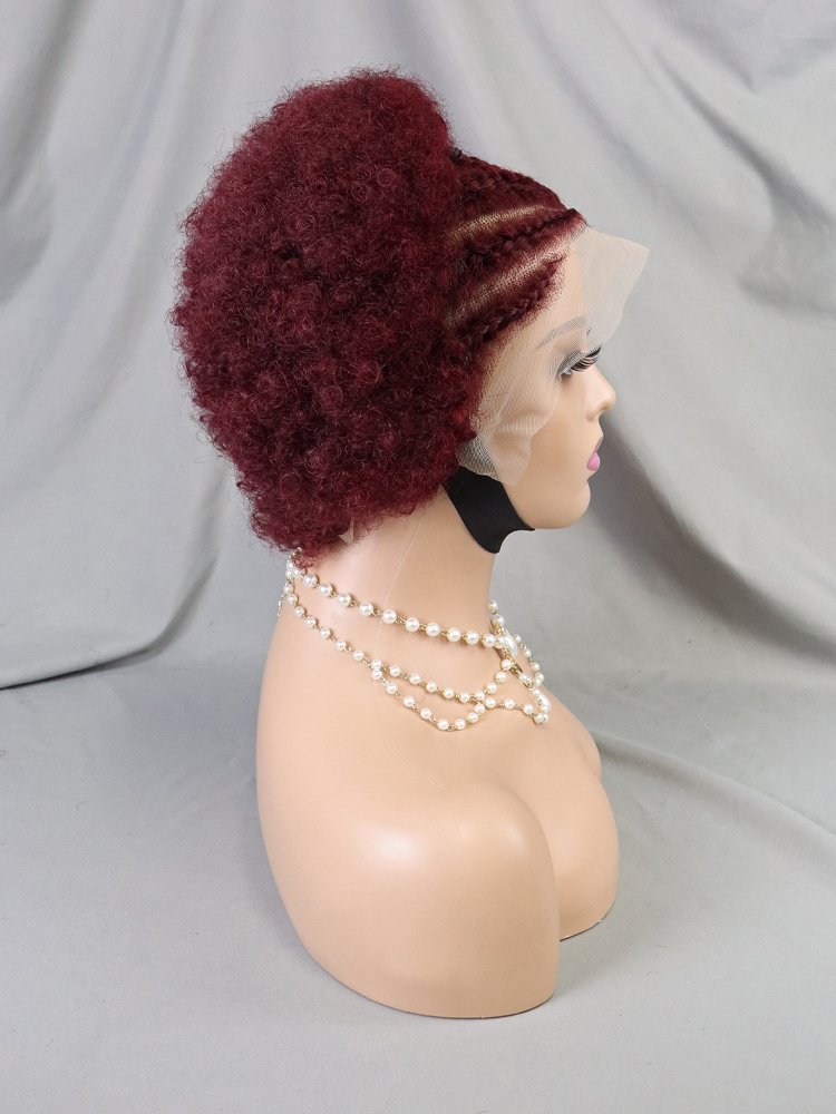 Ready To Ship Color 99j Indian Human Hair Front Bob Wigs Pre Braided Wig African Women 13x4 Lace Frontal Short Curly Pixie Wig