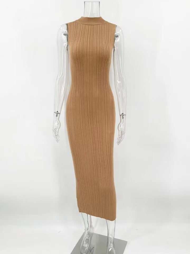 Women Maxi Dress Female Slim Elegant Fashion Autumn 2023 Ribbed Knit Dress Sleeveless Knitwear Turtleneck Long Dress