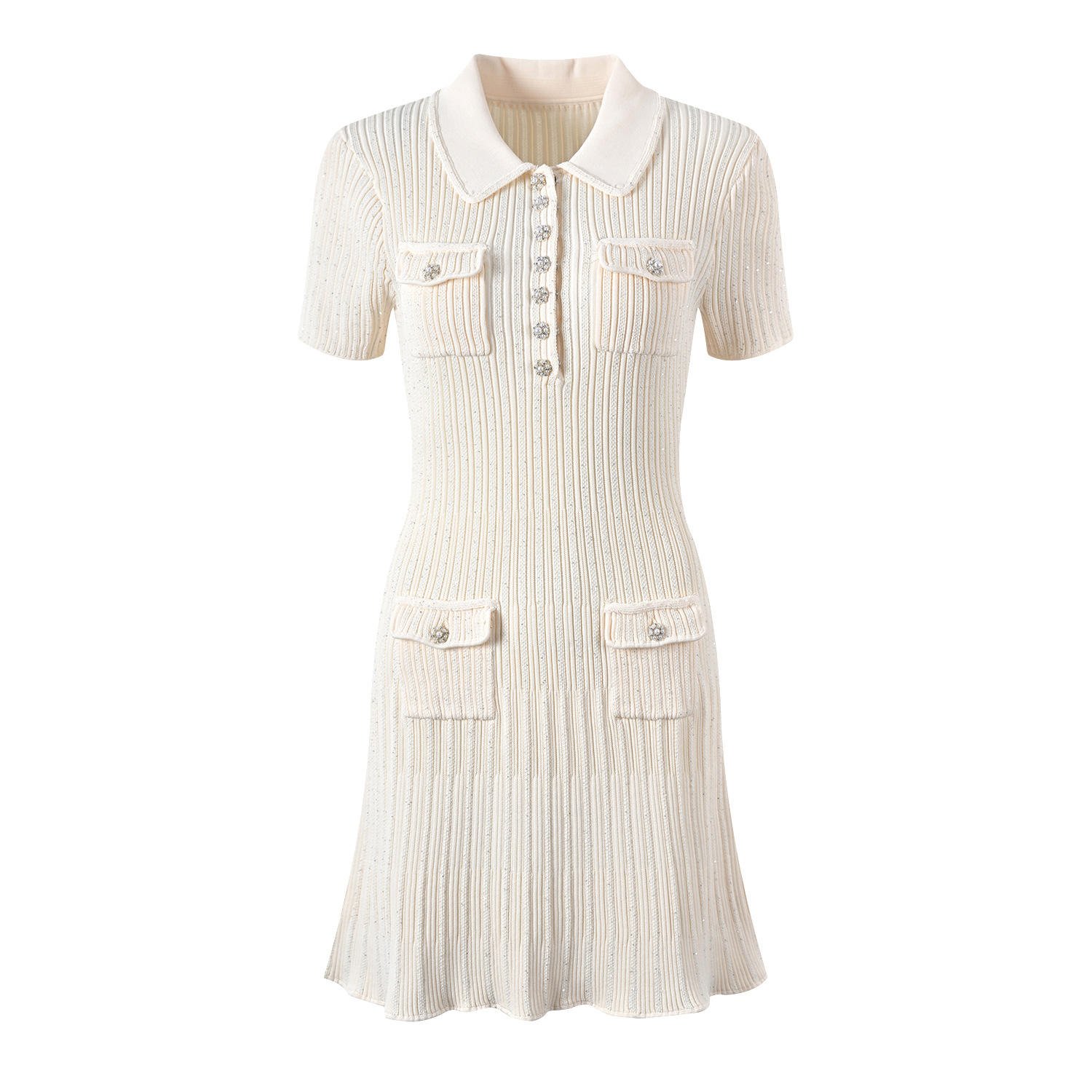 Factory Custom Knitwear Vintage Elegant Style Short Sleeve Women Knit Sequin Rib Slim Fitted Flounced Dress