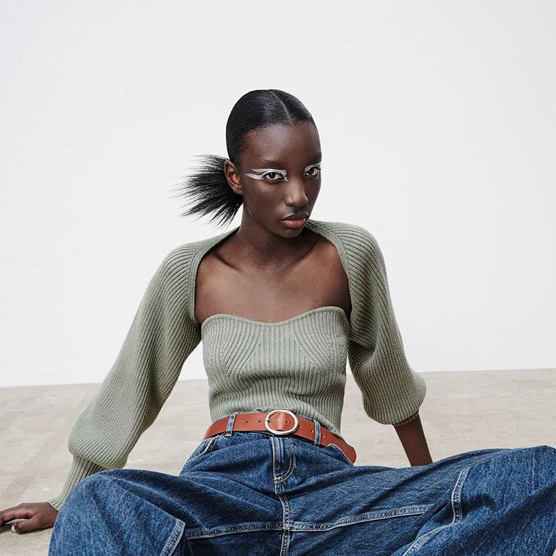 Women knitted fitted crop top and ribbed knit arm warmer sweater