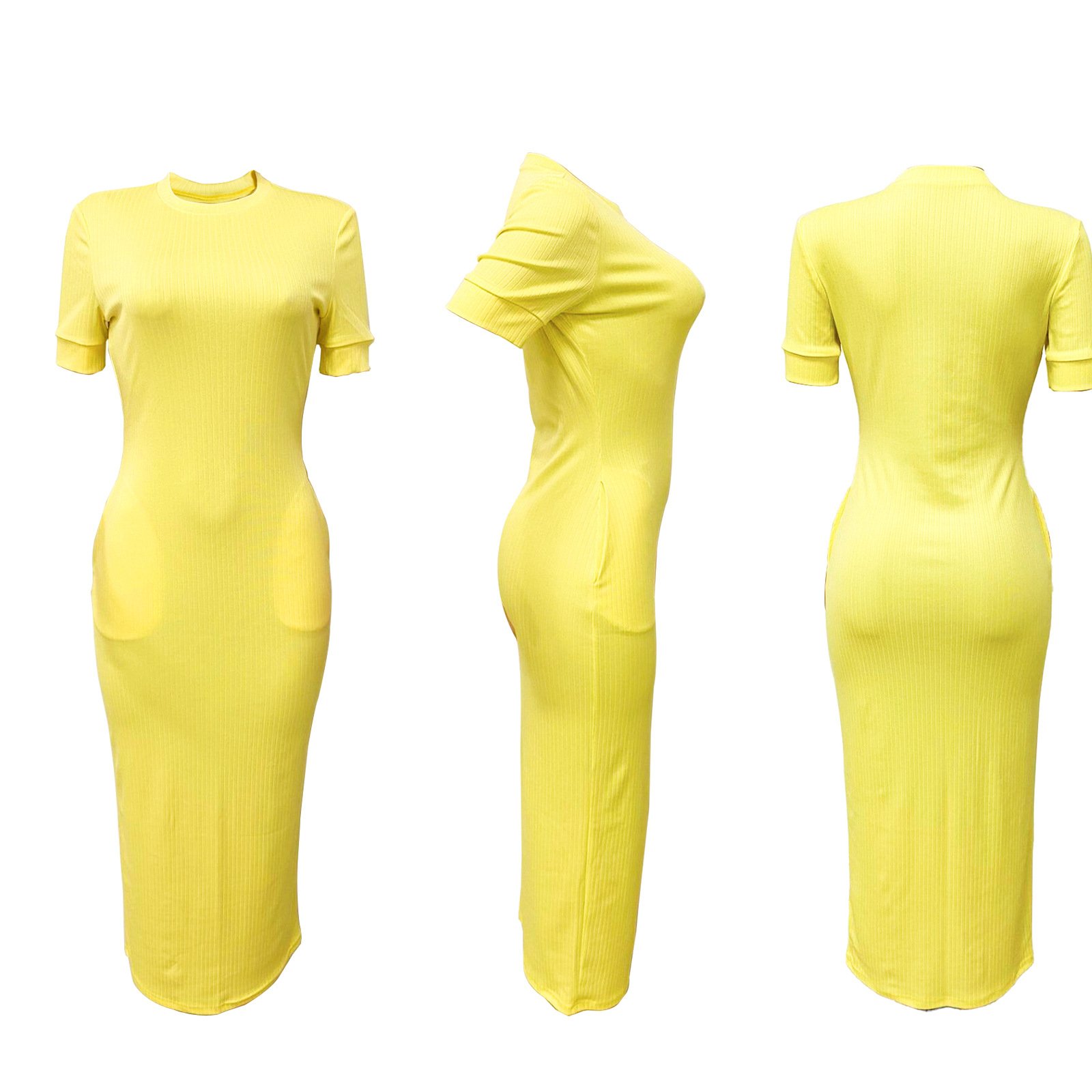 C0964 Hot selling fashion round neck ribbed sexy knitted solid color casual long dress