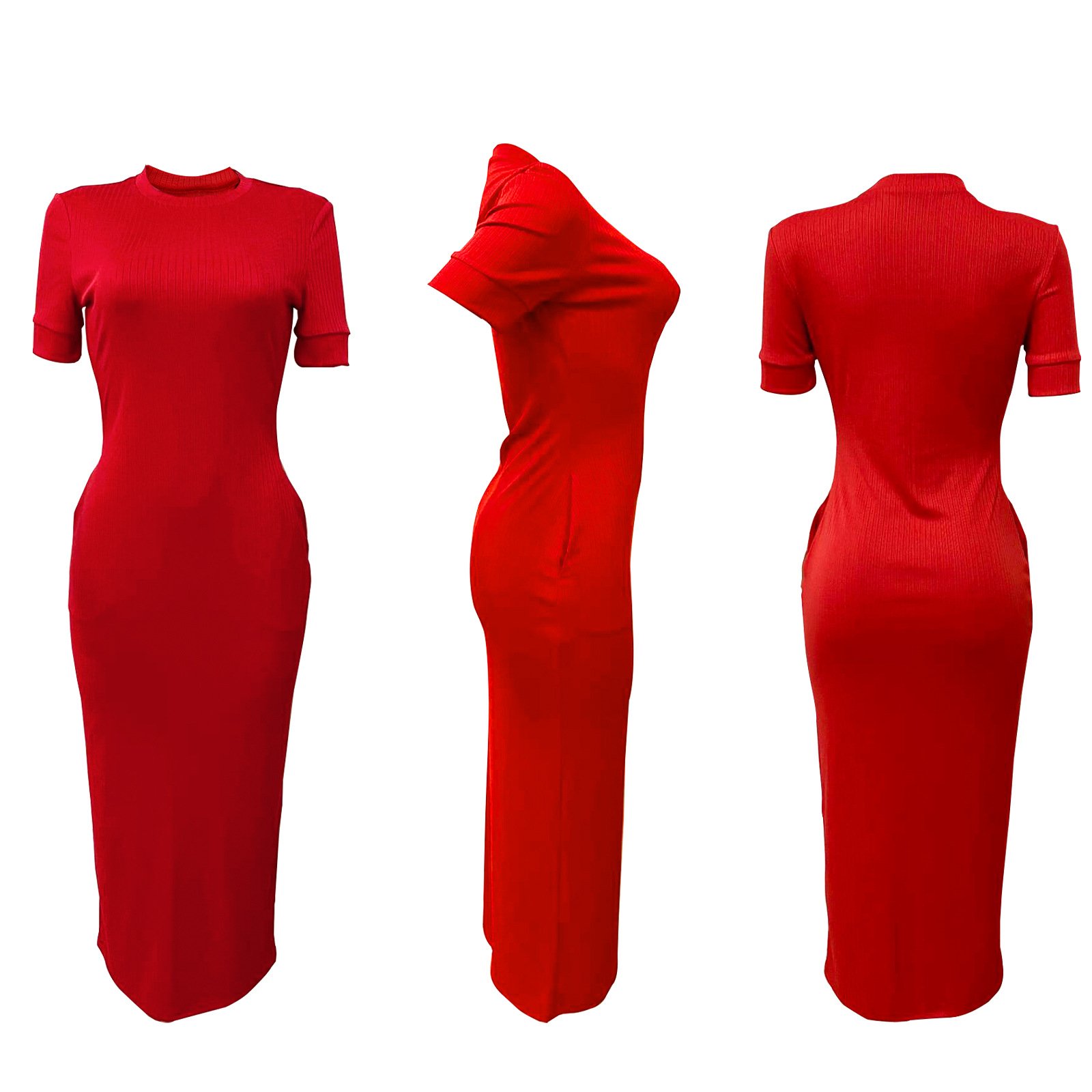 C0964 Hot selling fashion round neck ribbed sexy knitted solid color casual long dress