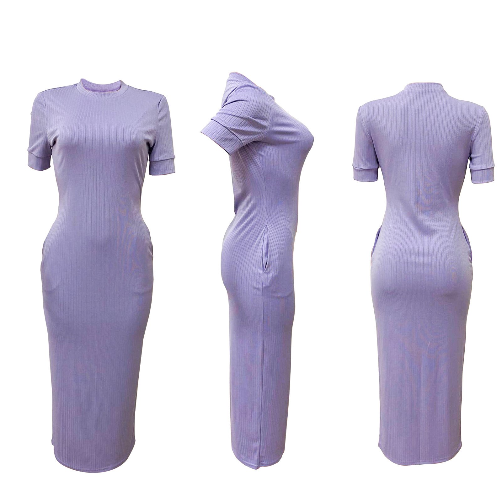C0964 Hot selling fashion round neck ribbed sexy knitted solid color casual long dress